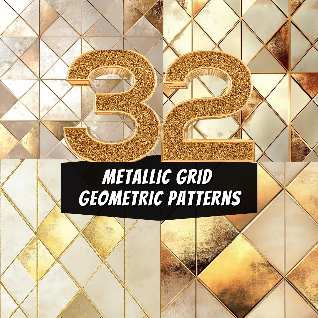32 Metallic Grid Geometric Patterns – Luxury Gold Digital Textures for Elegant Designs