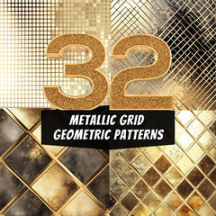 32 Metallic Grid Geometric Patterns – Luxury Gold Digital Textures for Elegant Designs