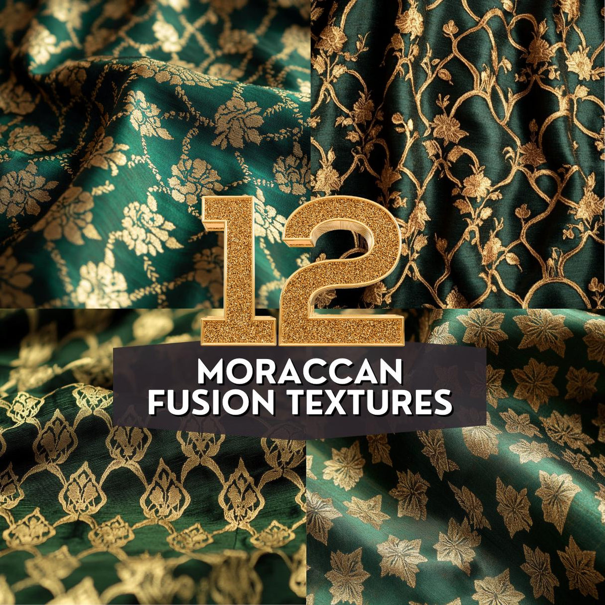 12 Moroccan Fusion Textures | Elegant Gold & Green Digital Patterns | Seamless Luxury Designs