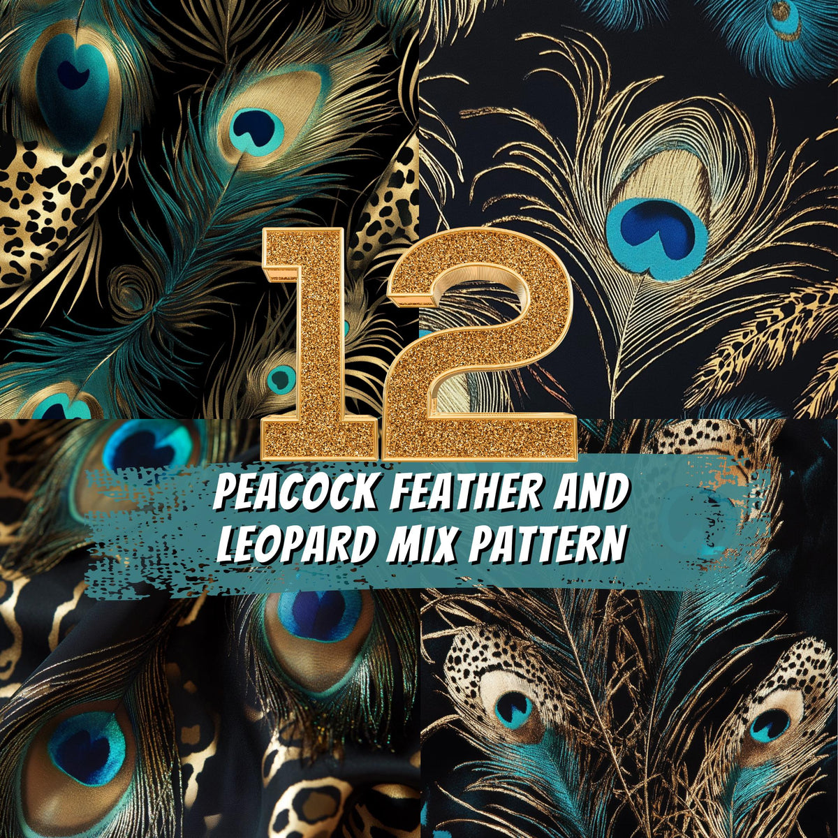 12 Luxury Peacock Feather and Leopard Mix Digital Patterns